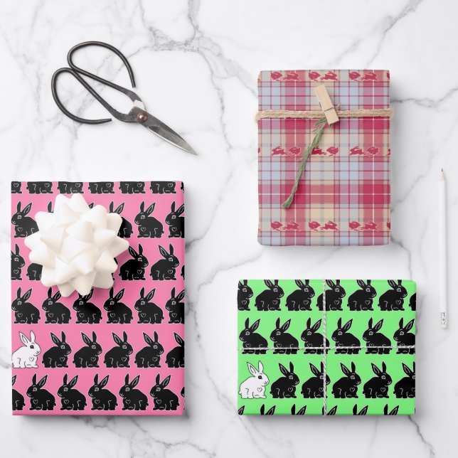 OsterBunnies Schwarz und Weiß auf Rosa und Grün Geschenkpapier Set (Vorderseite)