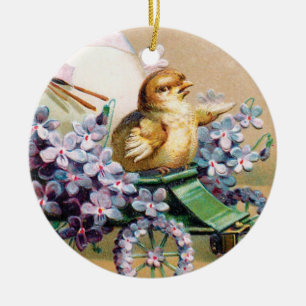 Osterei-Küken-Blumen im Vintage-Stil Keramik Ornament