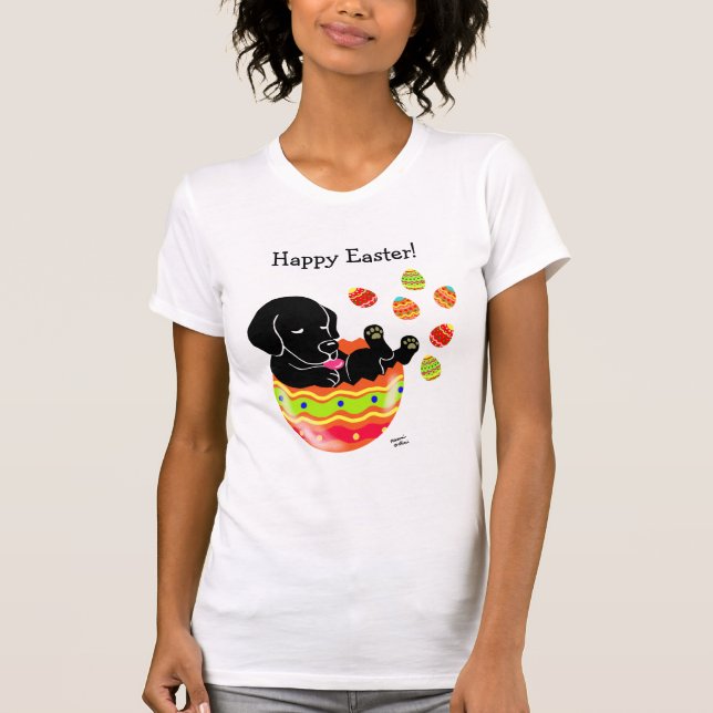 Osterei-Schwarz-Labrador-Welpen-Cartoon T-Shirt (Vorderseite)