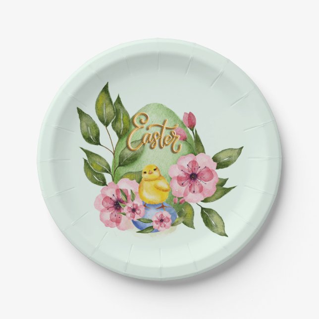 Ostereier, Baby Chick, rosa Frühlingsblumen Pappteller (Vorderseite)