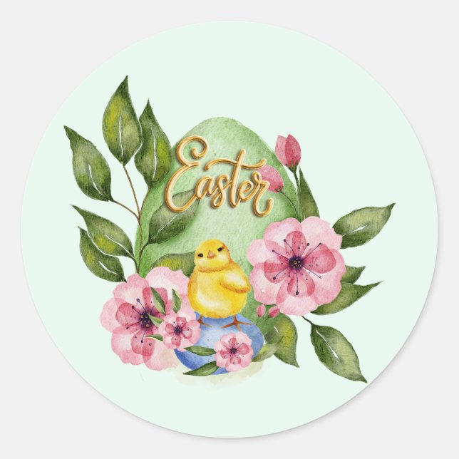 Ostereier, Baby Chick, rosa Frühlingsblumen Runder Aufkleber (Vorderseite)