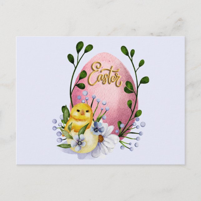 Ostereier, Baby Chick und Frühlingsblumen Postkarte (Vorderseite)