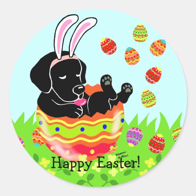 Ostereier Black Labrador Puppy Cartoon Runder Aufkleber (Vorderseite)