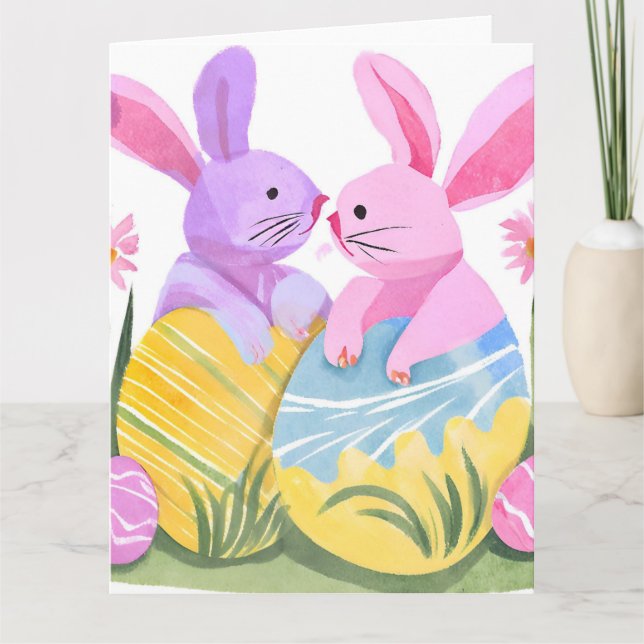 Ostereier Bunnies | Pastel Watercolor Karte (Vorderseite)