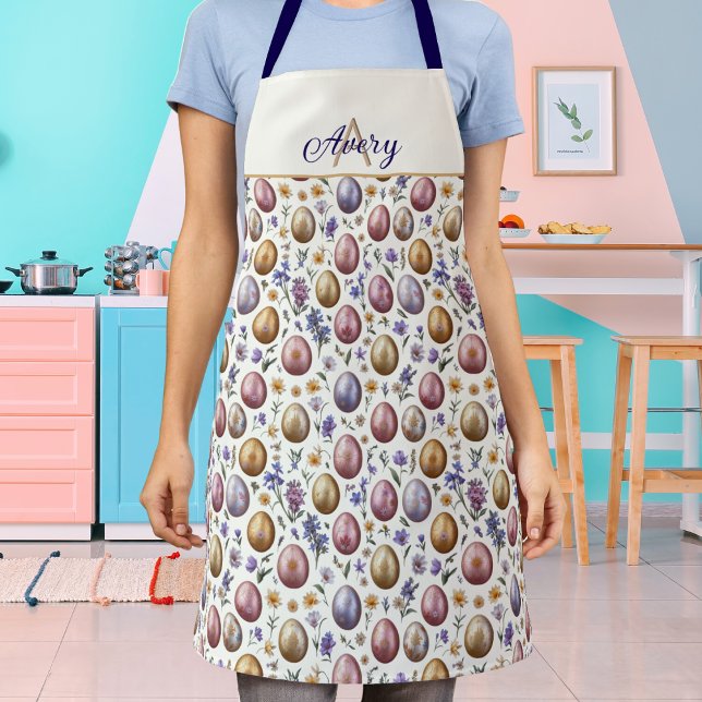 Ostereier Creme Gemustert farbenfroh Mit Monogramm Schürze (A pretty, monogrammed kitchen apron with pastel Easter eggs and flowers on a cream background)