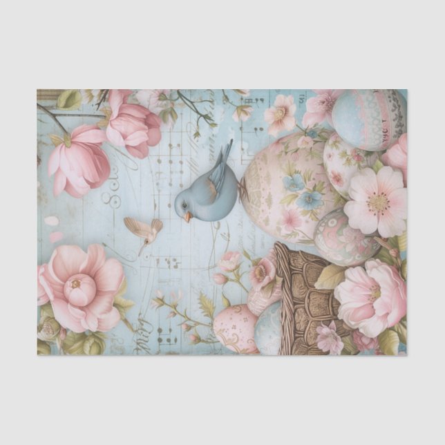 Ostereier Frühlingsblüten mit blauem Vogel Seidenpapier (Vorderseite)