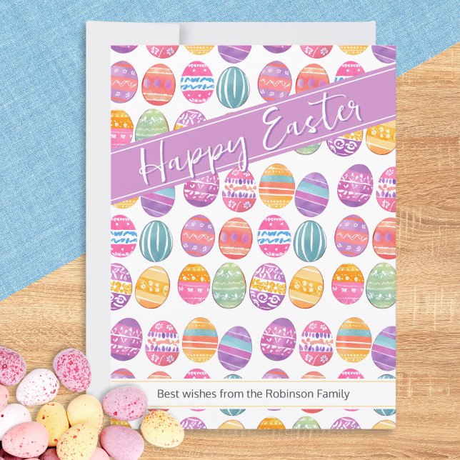 Ostereier Gemustert Feiertagskarte (A personalized greetings card with 'Happy Easter' words and pattern of colorful Easter eggs)
