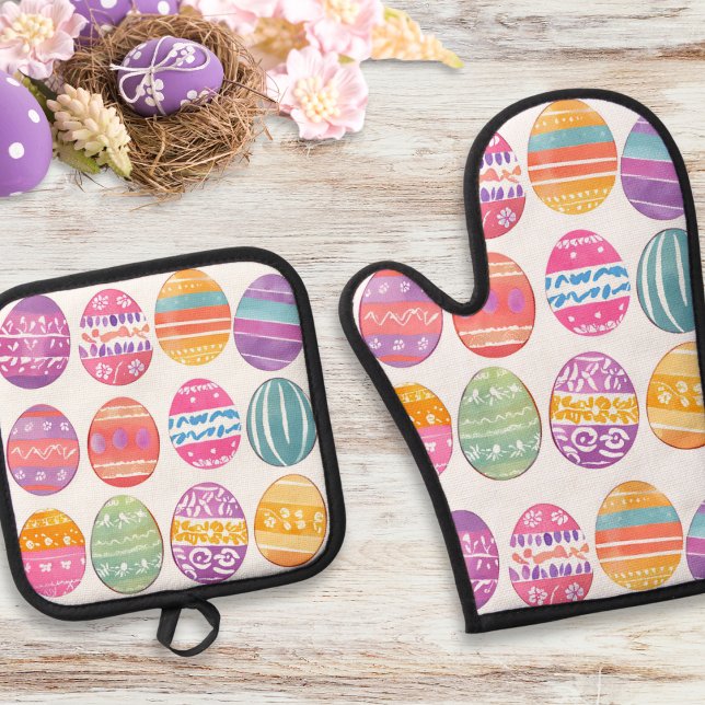 Ostereier Gemustert Hübsch Ofenhandschuh & Topflappen-Set (A matching oven mitt and pot holder set, with colorful Easter eggs pattern)