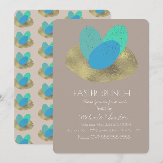 Ostereier Gold Nest Abendessen Brunch Familie Einladung (Vorne/Hinten)