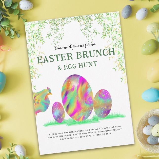 Ostereier Hunt Brunch Wasserfarbe Niedliches Budge (Easter egg hunt brunch cute chicken colorful watercolor spring garden party budget  invitation)