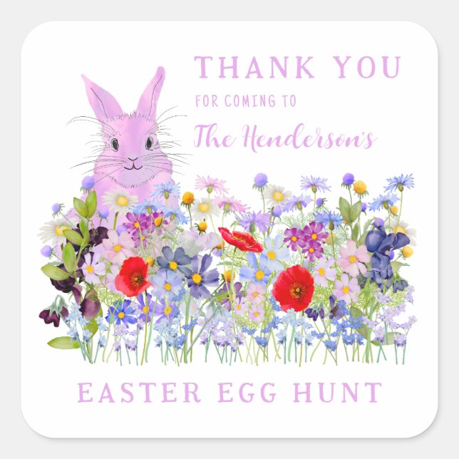 Ostereier Hunt Pink Bunny Floral Vielen Dank Quadratischer Aufkleber (Vorderseite)
