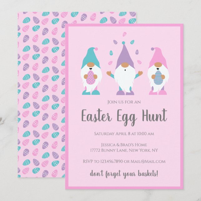 Ostereier Jagd Gnomes Rosa Einladung (Vorne/Hinten)