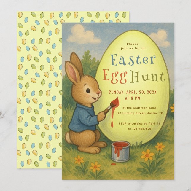 Ostereier jagen Niedlich Bunny Rabbit Painting Gel Einladung (Vorne/Hinten)