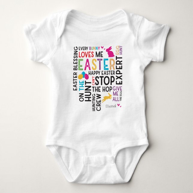 Ostereier jagen Word Cloud mit dem Namen White Baby Strampler (Vorderseite)