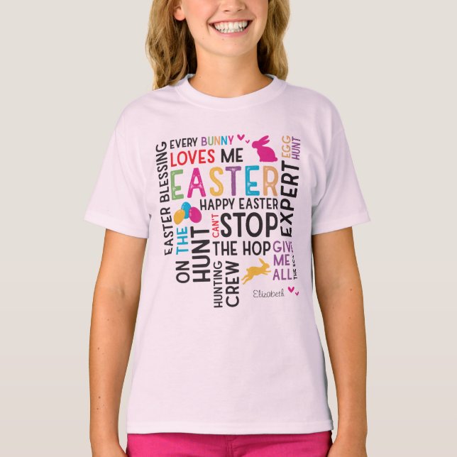 Ostereier jagen Word Cloud mit Kid Name Pink T-Shirt (Vorderseite)