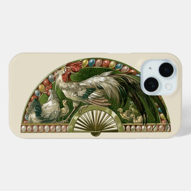 Ostereier mit Hühnern, Vintag Jugendstil iPhone 15 Hülle (Rückseite (Horizontal))