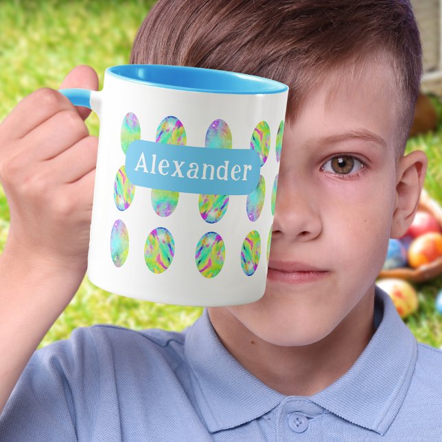 Ostereier personalisierter Name Blau Tasse (Personalized Modern easter egg hunt spring brunch Colorful Watercolor Easter egg art pattern mug)