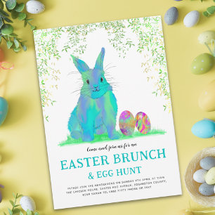 Ostereier-Suche-Brunch-Wasserfarbe-Blau-Süßer Hase Einladungspostkarte
