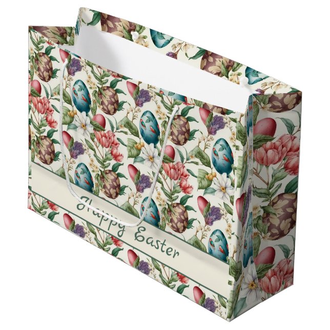 Ostereier Vintag nostalgisches Muster Nr. 4 Große Geschenktüte (Vorderseite Schrägansicht)