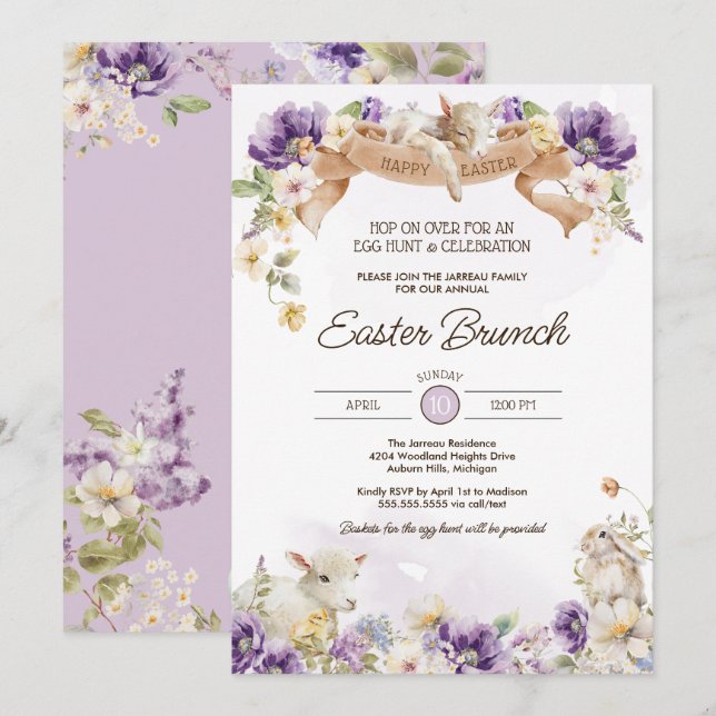Ostereierjagd & Brunch Pastel Floral Holiday Inv Einladung (Vorne/Hinten)