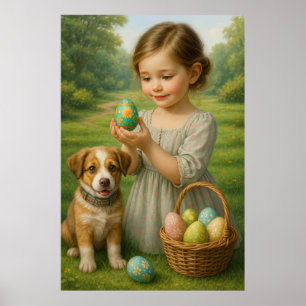 Ostereiersuche – Mädchen und Welpe auf einer Frühl Poster