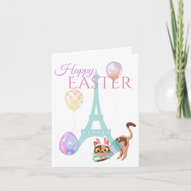 Ostereiffelturm und Katzenpastellballons Feiertagskarte (Vorderseite)
