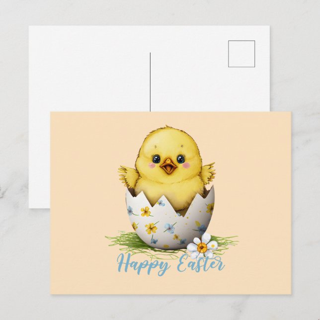 Ostereimotiv Küken Fröhliche Blüte Postkarte (Vorne/Hinten)