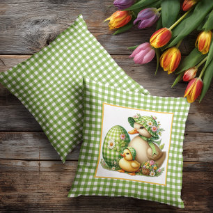 Osterenten Osterei & Blumen auf grünem Gingham Kissen