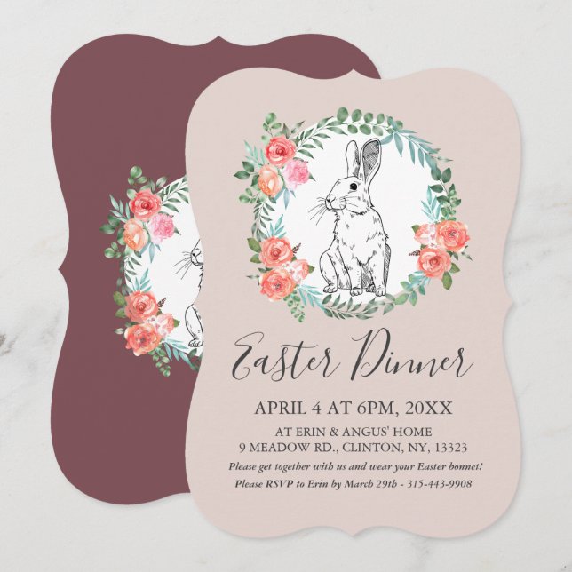 Osteressen Bunny Chic Boho Floral Mauve Einladung (Vorne/Hinten)