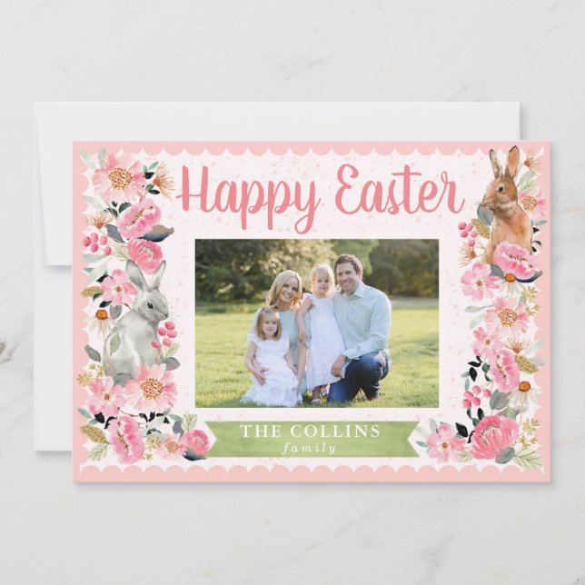 Osterfamilie mit Bunny Floral Pink Card Foto Dankeskarte (Vorderseite)