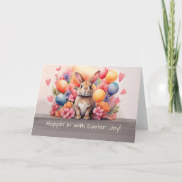 Osterfarben-Kaninchen Amid-Blume und Balloons Karte