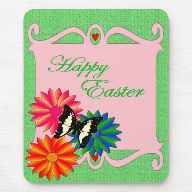 Osterfarbene Blume und Schmetterling Mousepad (Vorne)