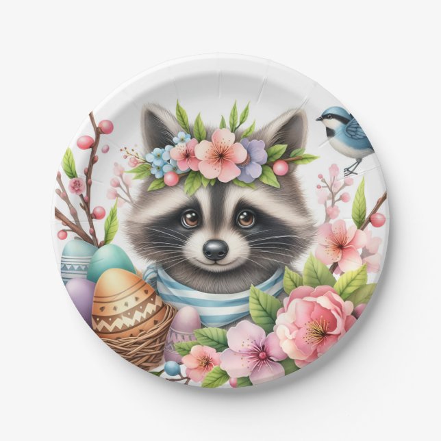 Osterfarbener Raccoon - Eier und Blume - Pappteller (Vorderseite)