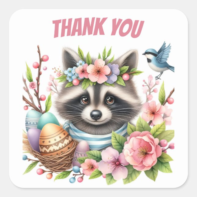Osterfarbener Raccoon - Eier und Blume - Quadratischer Aufkleber (Vorderseite)