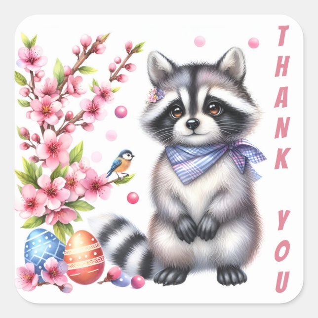 Osterfarbener Raccoon - Eier und Blume - Quadratischer Aufkleber (Vorderseite)
