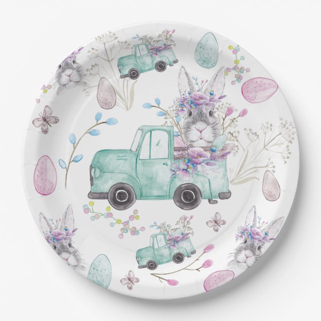 Osterfarbenmuster Bunny Truck Pappteller (Vorderseite)