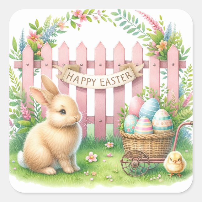 Osterfeier mit Bunny und Chick Quadratischer Aufkleber (Vorderseite)