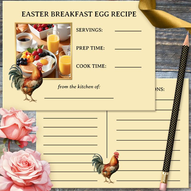 Osterfrühstück Foto Weinkarte (Elegant Easter egg breakfast recipe card featuring your custom photo with a rooster.)