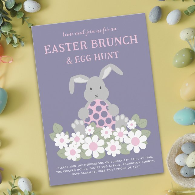 Ostergeblasene Ei-Jagd und Brunch Rosa Blütenbraun Einladung (Easter egg hunt spring brunch cute bunny daisy floral meadow purple invitation)