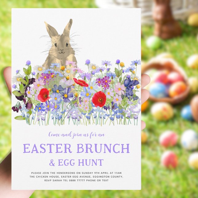 Ostergeblasene Eizelljagd und Brunch Blumengebäck Einladung (Easter brunch egg hunt cute bunny floral watercolor invitation purple blue pink red green)