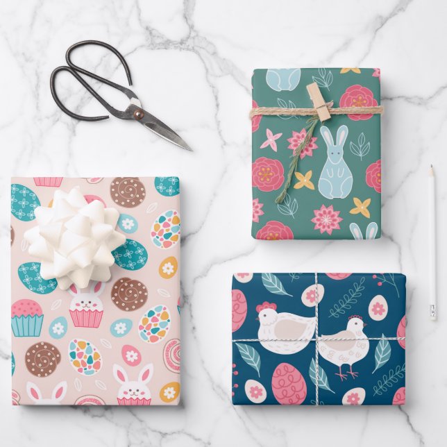 Ostergepflegtes Muster Bunnies Eier und Hühner Geschenkpapier Set (Vorderseite)