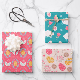 Ostergepflegtes Muster Schafe und Blume Geschenkpapier Set