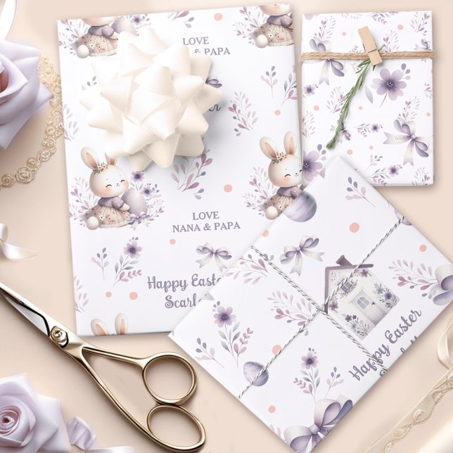 OsterGirl Bunny Personalisiert Name Lila Geschenkpapier Set (Easter Girl Bunny Personalized Name Purple Wrapping Paper Sheets)
