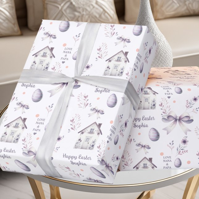 OsterGirl Frühling Personalisierter Name Lila Geschenkpapier (Easter Girl Spring Personalized Name Purple Wrapping Paper)