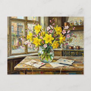 Osterglocken-Blüten Fenster Innenraum Postkarte