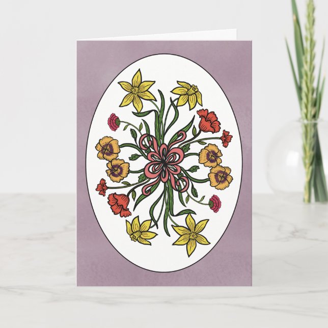 Osterglocken-Stiefmütterchen-Blumenstrauß gefaltet Karte (Vorderseite)
