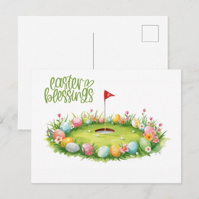 Ostergolf mit Ei auf Puttfläche  Postkarte (Vorne/Hinten)