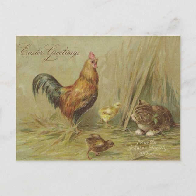 Ostergrüße Vintage Chicks Katzenbenutzerdefinierte Feiertagspostkarte (Vorderseite)
