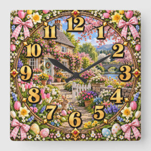 Osterhäschen im Cottage-Garten Quadratische Wanduhr