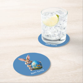Osterhase blauer Schleife -  Runder Pappuntersetzer
